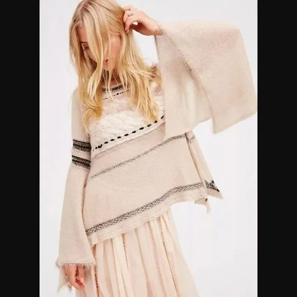 Free People | Cream Cable Knit Distressed Sweater Size Extra Small - Picture 1 of 14